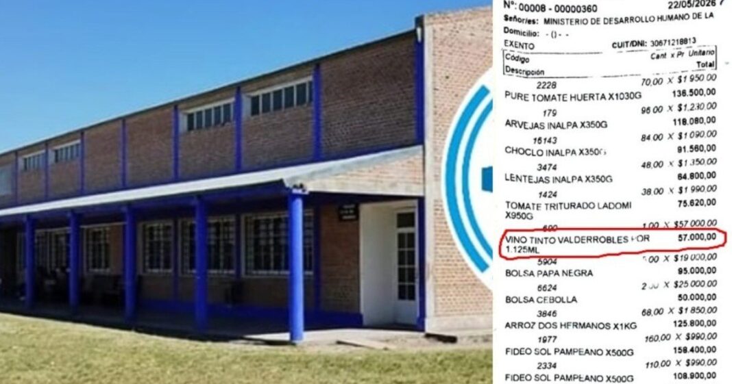 Ticket de compra de un comedor escolar en Entre Ríos con una botella de vino