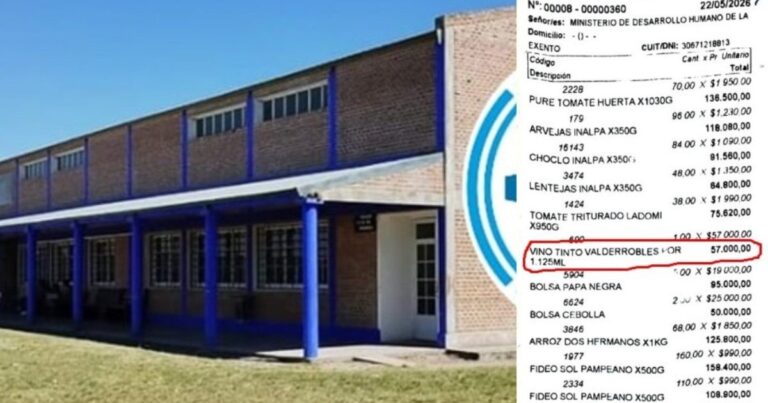 Ticket de compra de un comedor escolar en Entre Ríos con una botella de vino
