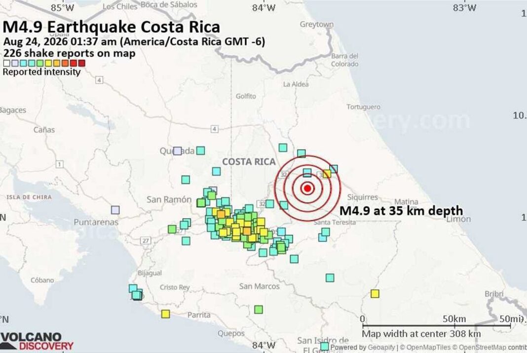 Mapa de Costa Rica con epicentro en Coronado