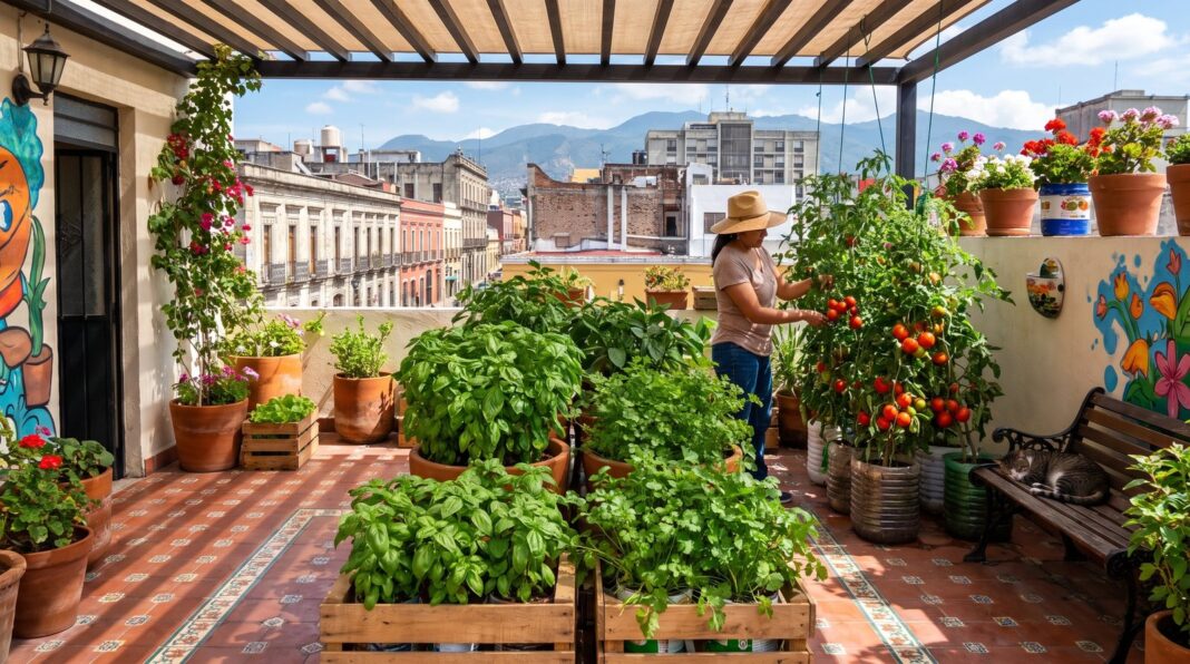 Macetas con plantas de albahaca, cilantro y jitomate en un balcón urbano