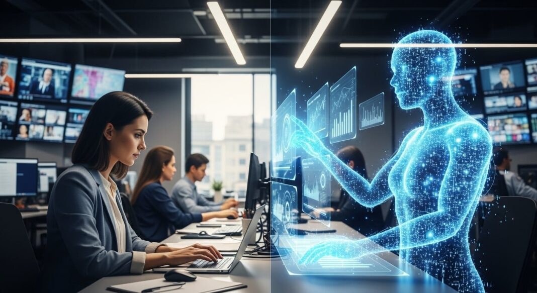Ejecutivo revisando un tablero con datos de inteligencia artificial en una oficina