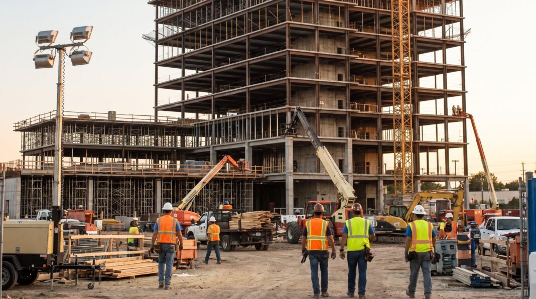 Obra en construcción con grúa y andamios