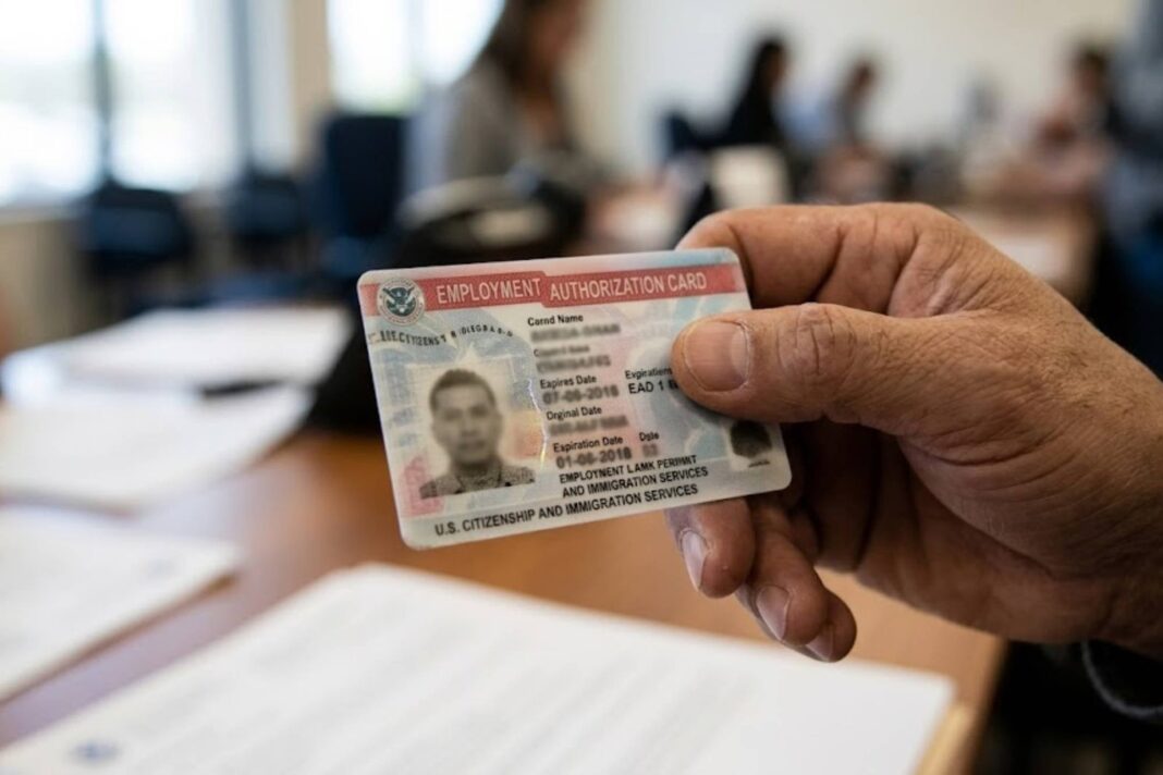 Formulario I-9 y sistema E-Verify en una computadora, con tarjeta de autorización de empleo sobre el escritorio