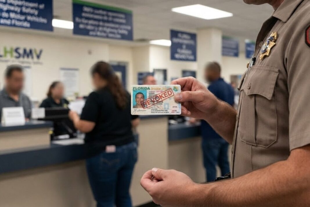 Licencia de conducir de Florida junto a una computadora mostrando un correo electrónico