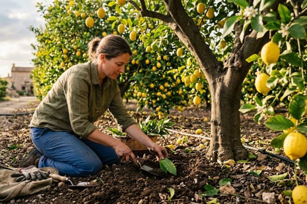 Hoja de laurel colocada en la tierra de una maceta con un limonero