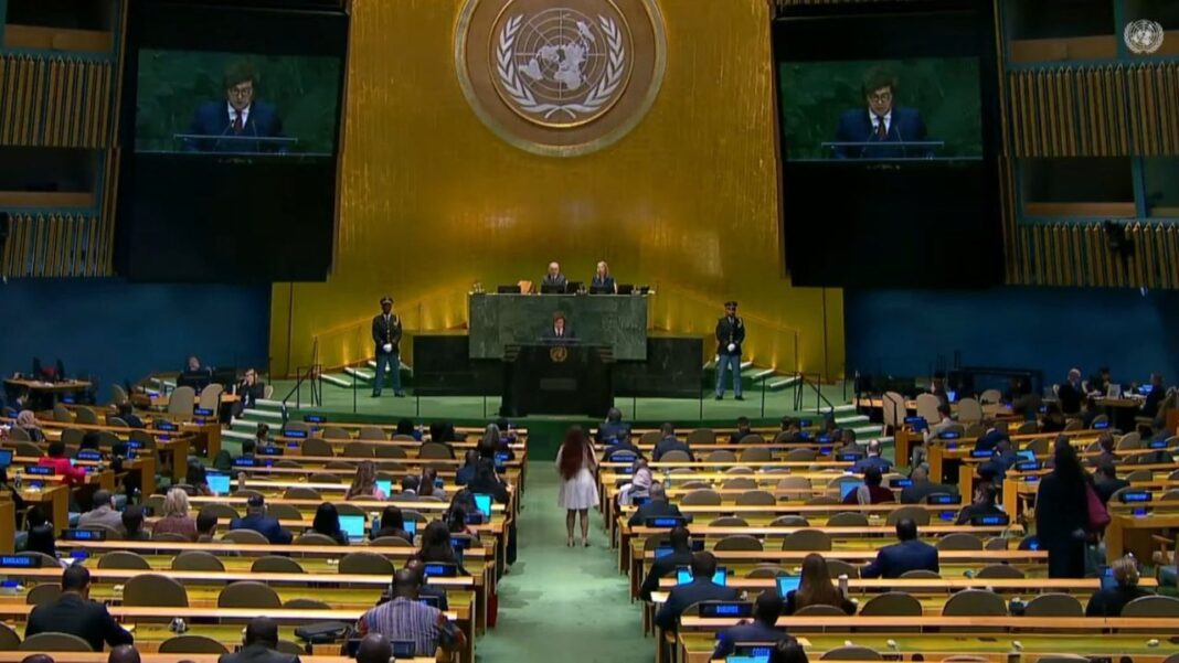El presidente Javier Milei disertando en la Asamblea General de la ONU