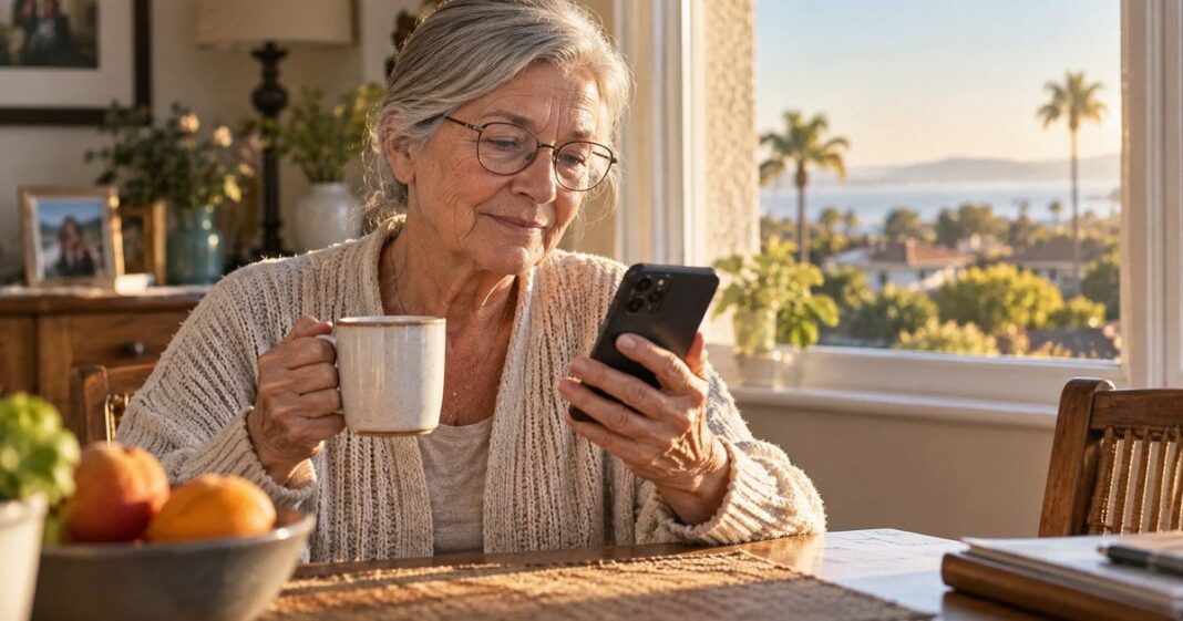 Mujer mayor consultando el pronóstico del tiempo en su teléfono celular durante la mañana