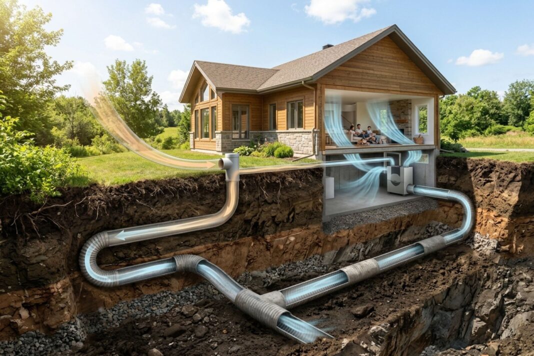 Esquema de un pozo canadiense con tuberías enterradas para climatización