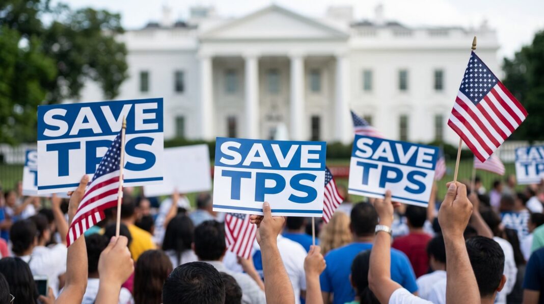 Personas sostienen carteles con la leyenda 'Save TPS' durante una manifestación
