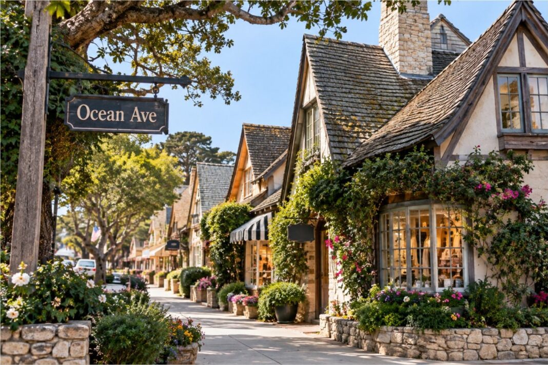 Vista de una calle de Carmel-by-the-Sea, California, con casas sin números visibles